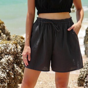 Raw Natural Double Gauze Cotton Shorts | Drawstring Pocket Shorts | Boho Minimalist Shorts | Lounge Shorts | Beach Shorts