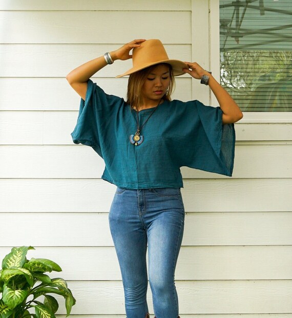 Gewassen crop-top van rauw natuurlijk katoen, zomerkimonoblouse