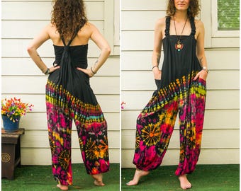 Boho Hand Dyed Boho Dungarees Overalls Jumpsuit with Pockets, Tie Dye Romper, Hippie Boho Clothing, Tie Dye Pants, Festival Clothing