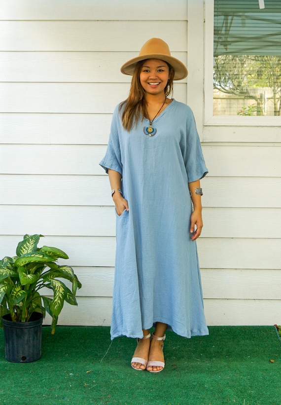Blue Double Gauze Cotton Dress with Pocket, Boho Dress, Cotton Sundress, Boho Shirtdress, Maternity Dress, Casual Dress, Boho Clothing