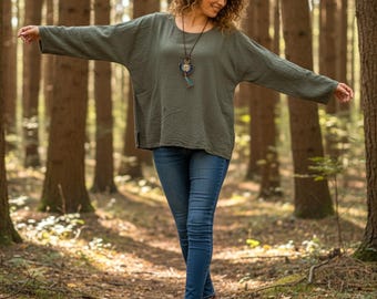 Gray Raw Cotton Gauze Summer Blouse with Pocket, Loose Fit Cotton Top Tunic, Boho Minimal Shirt, Boho Clothing