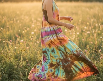 Mystieke blik | Handgeverfde hippietuinbroekjurk, boho-zomerjurk, strandjurk, loszittende jurk, tie-dye maxi-jurk, loungewear