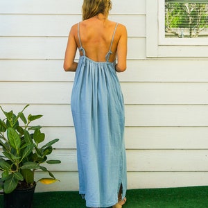 Sky Blue Soft Double Gauze Cotton Backless Maxi Dress with Pockets, Boho Chic Dress, Boho Clothing