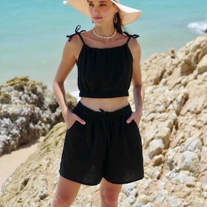 Raw Natural Double Gauze Cotton Shorts | Drawstring Pocket Shorts | Boho Minimalist Shorts | Lounge Shorts | Beach Shorts
