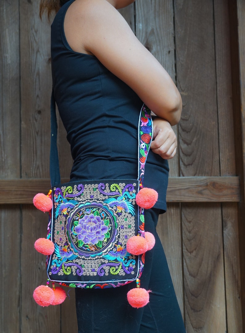 Embroidered Boho Bag Hmong Fabric Handmade Pom Pom Crossbody Bag Satchel Woman Gift