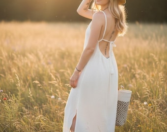 Vestido sin espalda de algodón arrugado de gasa doble cruda / Vestido bohemio minimalista / Vestido largo de verano / Ropa bohemia