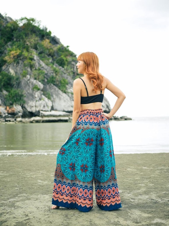 Teal Mandala Wide Leg Palazzo Pants, Elastic Waist Pants, Boho
