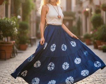 Indigo Moon | Hand Dyed Tiered Maxi Hippie Skirt / Boho Skirt / Tie Dye Clothing / Hippie Clothing / Beach Skirt