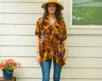 Gouden Haard |  Boho handgeverfde blousetuniektop | Hippie zomerkaftanblouse | Strandkleding | Tie-dye-kleding | Hippiekleding