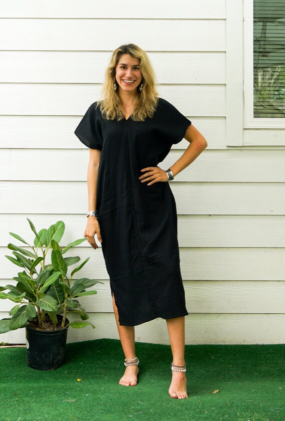 Black Organic Double Gauze Cotton Dress with Pockets | Minimalist Boho Kaftan Dress | Soft Breathable Loungewear