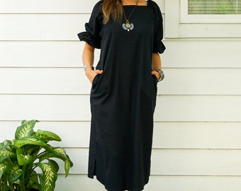 Black Cotton Maxi Dress with Pockets / Boho Dress / Cotton Dress / Boho Clothing / 100% Organic Cotton Dress