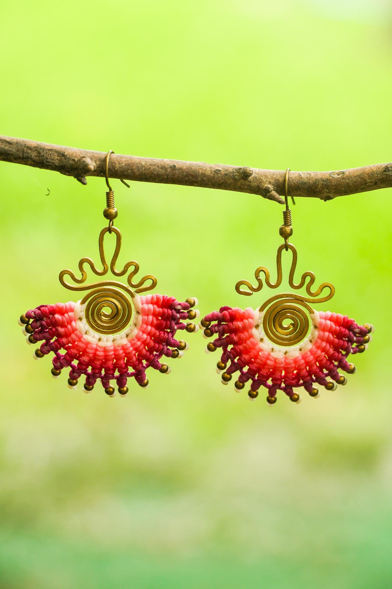 Blush Flame Spiral Macramé Boho Earrings, Handmade Earrings, Hippie Earrings, Gift for Her