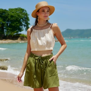 Raw Natural Double Gauze Cotton Shorts | Drawstring Pocket Shorts | Boho Minimalist Shorts | Lounge Shorts | Beach Shorts