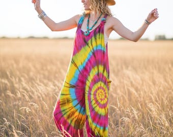Hand Dyed Spiral Dungarees Overalls Jumpsuit with Pockets, Tie Dye Romper, Hippie Boho Clothing, Tie Dye Pants, Festival Clothing