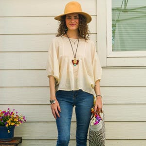 Raw Natural Cotton Gauze Tunic Blouse, Minimalist Loose Cotton Summer Top, Boho Shirt, Boho Clothing