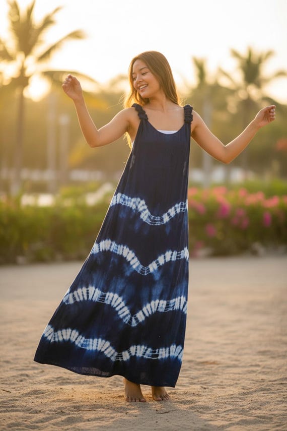 Blue Horizon | Shibori Hand Dyed Dress, Racerback Knot Dress, Summer Wear, Beach Wear, Beach Dress, Loose Fitting Dress, Tie Dye Maxi Dress