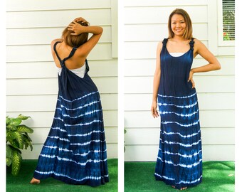 Indigo Hand Dyed Dungaree Dress, Racerback Knot Dress, Tie Dye Maxi Dress, Loose Fitting Summer Dress, Beach Wear
