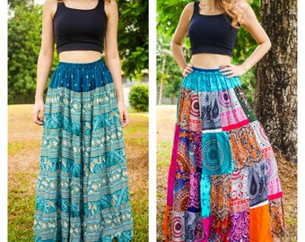 Boho Patchwork Tiered Maxi Skirt, Handmade Bohemian Skirt, Flowing Summer Lounge Skirt, Relaxed Boho Clothing