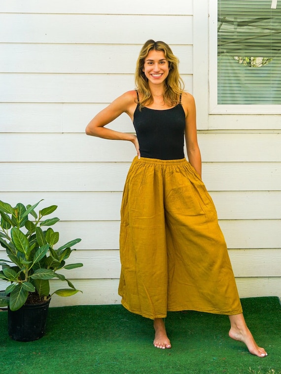 Mustard Yellow Cotton Gauze Wide Legs Palazzo Pants, Bell Bottoms