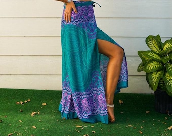 Teal Orchid Mandala Palazzo Wrap Pants, Boho Pants, Beach Pants, Harem Flow Pants,  Open Flow Genie Pants, Bohemian Flow Pants