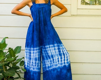 Shibori Indigo | Hand Dyed Dungarees Overalls Jumpsuit, Tie Dye Romper, Tie Dye Harem Pants Rompers, Boho Clothing, Tie Dye Clothing