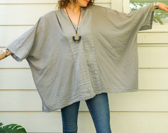 Gray Raw Natural Cotton Gauze Oversized Blouse, Cotton Tops, Cotton Tunic, Boho Shirt, Boho Clothing