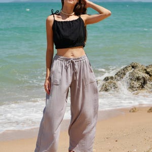 Raw Natural Double Gauze Cotton Wide Legs Pants | Drawstring Lounge Pants, Boho Cotton Pants, Boho Clothing