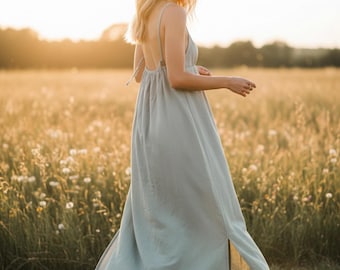 Cotton Boho Maxi Dress with Pockets, Open Back Tie Strap Dress, Handmade Natural Cotton Dress, Loose Fit Sundress