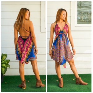 Blue Mandala Boho Dress, Summer Short Dress, Festival Mini Dress, Hippie Short Dress, Summer Vacation Dress, Beach Dress