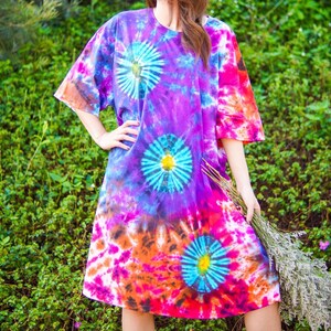 Bohemian Sky Hand Dyed Boho Cotton Dress with Pockets, Hippie Oversized Tunic Kaftan Shirtdress, Tie Dye Clothing, Loungewear