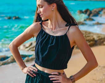 Raw Natural Double Gauzed Crinkled Cotton Crop Top | Shoulder Tie  Boho Minimalist Top | Boho Clothing