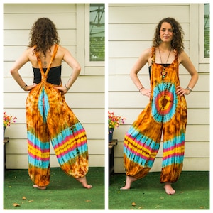 Sunburst Swirl Hand Dyed Boho Dungarees Overalls Jumpsuit with Pockets, Tie Dye Romper, Hippie Boho Clothing, Tie Dye Pant Festival Clothing