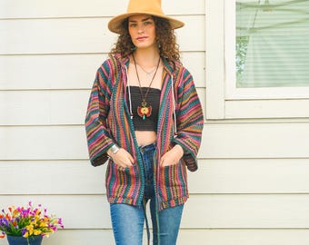 Boho Cotton Cardigan with Hood and Pockets, Hippie Poncho Cardigan, Cotton Blouse Tunic Cover Ups