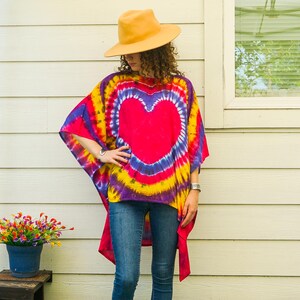 Heart of the Sun Hand Dyed Duster Kaftan Tunic, Asymmetrical Boho Top, Tie Dye Poncho Blouse, Oversize Kaftan Beach Loungewear