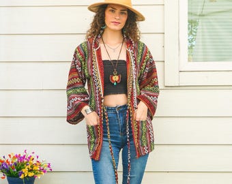 Boho Cotton Cardigan with Hood and Pockets, Hippie Poncho Cardigan, Cotton Blouse Tunic Cover Ups