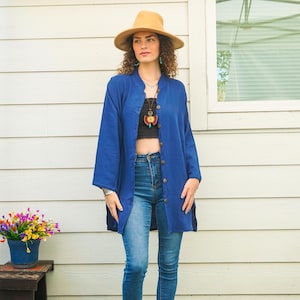 Indigo Blue Double Gauze Crinkled Cotton Shirtdress with Pockets / Boho Minimalist Dress / Cotton Tunic Tops / Boho Clothing