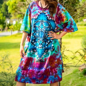 Enchanted Lotus Hand Dyed Boho Cotton Dress with Pockets, Hippie Oversized Tunic Kaftan Shirtdress, Tie Dye Clothing, Loungewear