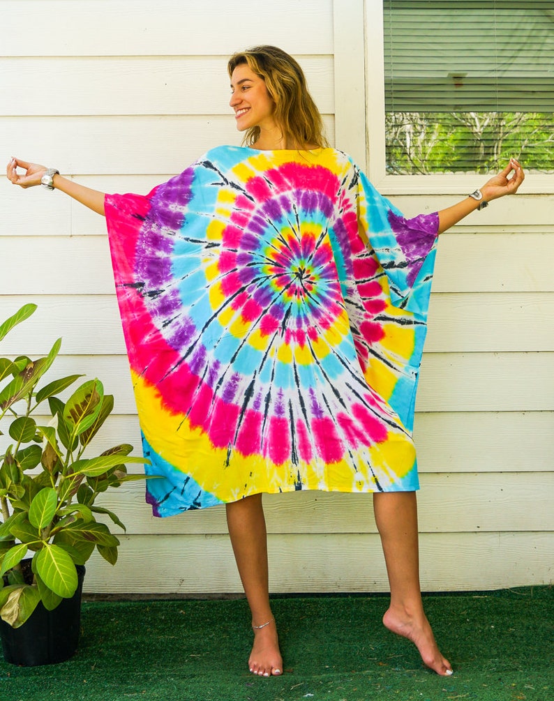 Hand Dyed Kaftan Dress / Loose Fit Tie Dye Dress / Beachwear / Loungewear / Tie Dye Clothing / Swimsuit Cover Up / Tie Dye Poncho image 1