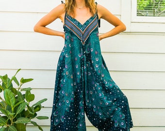 Petrol Pfau Boho Overall Strampler Hose mit Taschen, Badeanzug Cover Up, weites Bein Overall, Sommer Overall, Hippie Overall, Loungewear