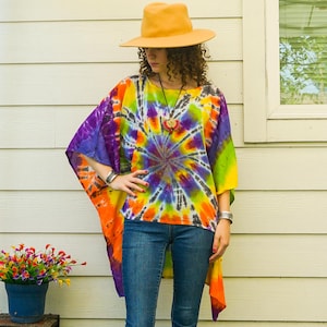 Hand Dyed Duster Kaftan Tunic, Asymmetrical Boho Top, Tie Dye Poncho, Oversize Kaftan, Beach Wear, Loungewear, Beach Cover Up