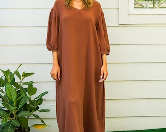Soft Double Gauze Cotton Dress with Pocket / Boho Maxi Dress / Maternity Dress / Boho Clothing / Loungewear