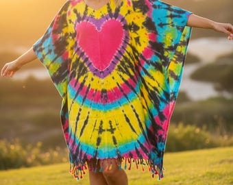 Handgeverfde kaftanponcho, losse pasvorm tie-dye, strandkleding, tie-dye kleding, loungewear, oversized jurk, hippietuniek