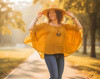 Blusa de gasa de algodón natural crudo color amarillo mostaza, túnica kimono de verano, camisa minimalista bohemia, blusa de corte holgado, ropa bohemia.