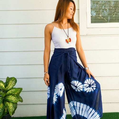 Dérive en haute mer | Sarouel palazzo fluide teint à la main, pantalon portefeuille-Pantalon Open Flow Genie, pantalon fluide bohème, pantalon festival tie-dye