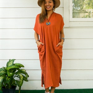 Rust Orange Boho Double Gauzed Cotton Kaftan Dress with Pockets / Boho Minimalist Clothing / Cotton Kaftan Dress / Loungewear