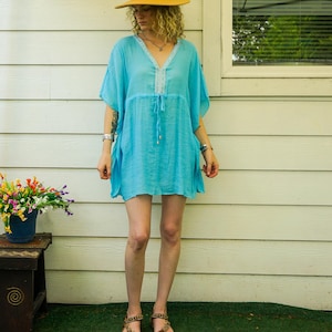 Aqua Blue Semi Sheer Beach Swimsuit Cover Up , Oversize Boho Tunic Kaftan, Beachwear, Boho Clothing, Poncho, Loungewear
