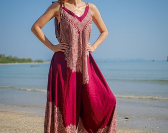 Red Mandala Jumpsuit Rompers Pants, Wide Leg Summer Boho Jumpsuit, Yoga Harem Pants Jumpsuit,Hippie Jumpsuit, Loungewear
