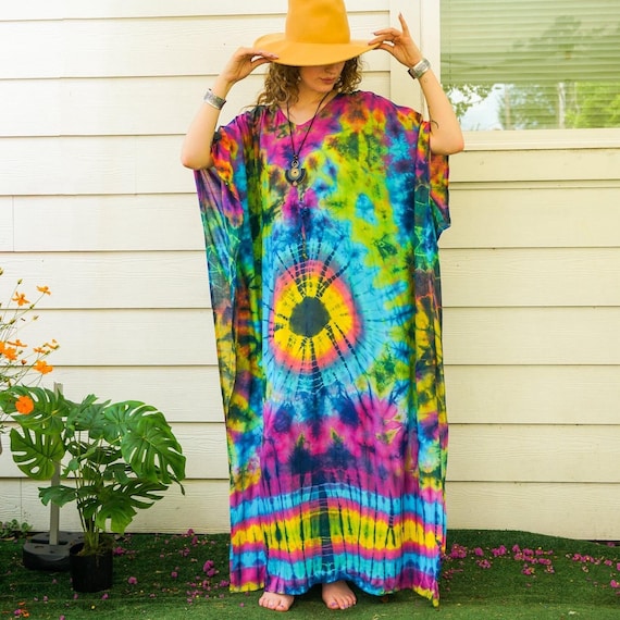 Tie Dye Hippie Dresses Cheap Retro Tie-Dye Hippie V-neck Short
