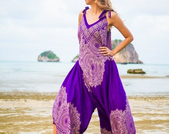 Purple Mandala Jumpsuit Rompers Pants, Wide Leg Summer Boho Jumpsuit, Yoga Harem Pants Jumpsuit,Hippie Jumpsuit, Loungewear