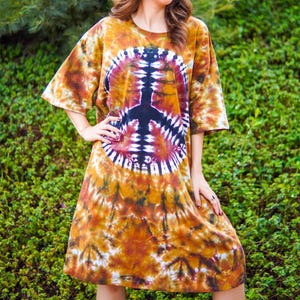 Earthy Peace Hand Dyed Boho Cotton Dress with Pockets, Hippie Oversized Tunic Kaftan Shirtdress, Tie Dye Clothing, Loungewear